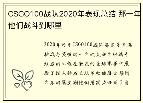 CSGO100战队2020年表现总结 那一年他们战斗到哪里