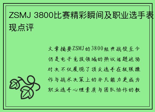 ZSMJ 3800比赛精彩瞬间及职业选手表现点评