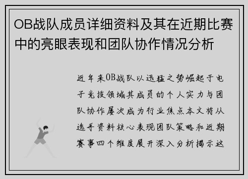OB战队成员详细资料及其在近期比赛中的亮眼表现和团队协作情况分析